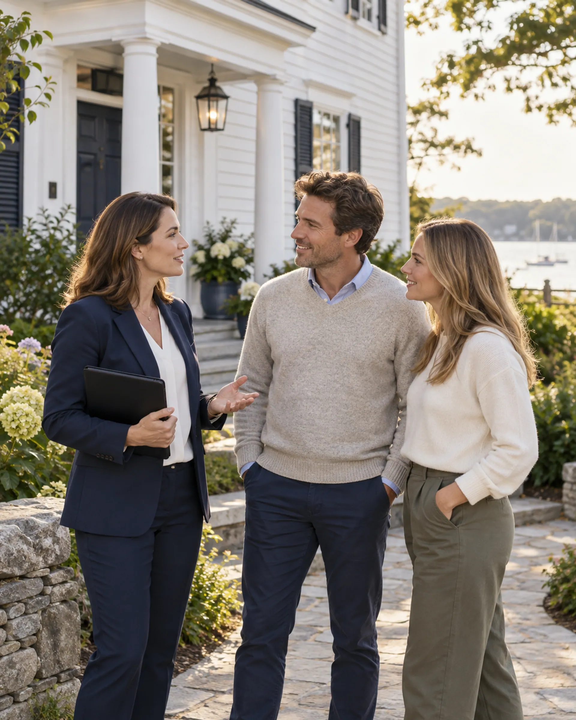 A real estate professional speaking with a couple beside a New England porch