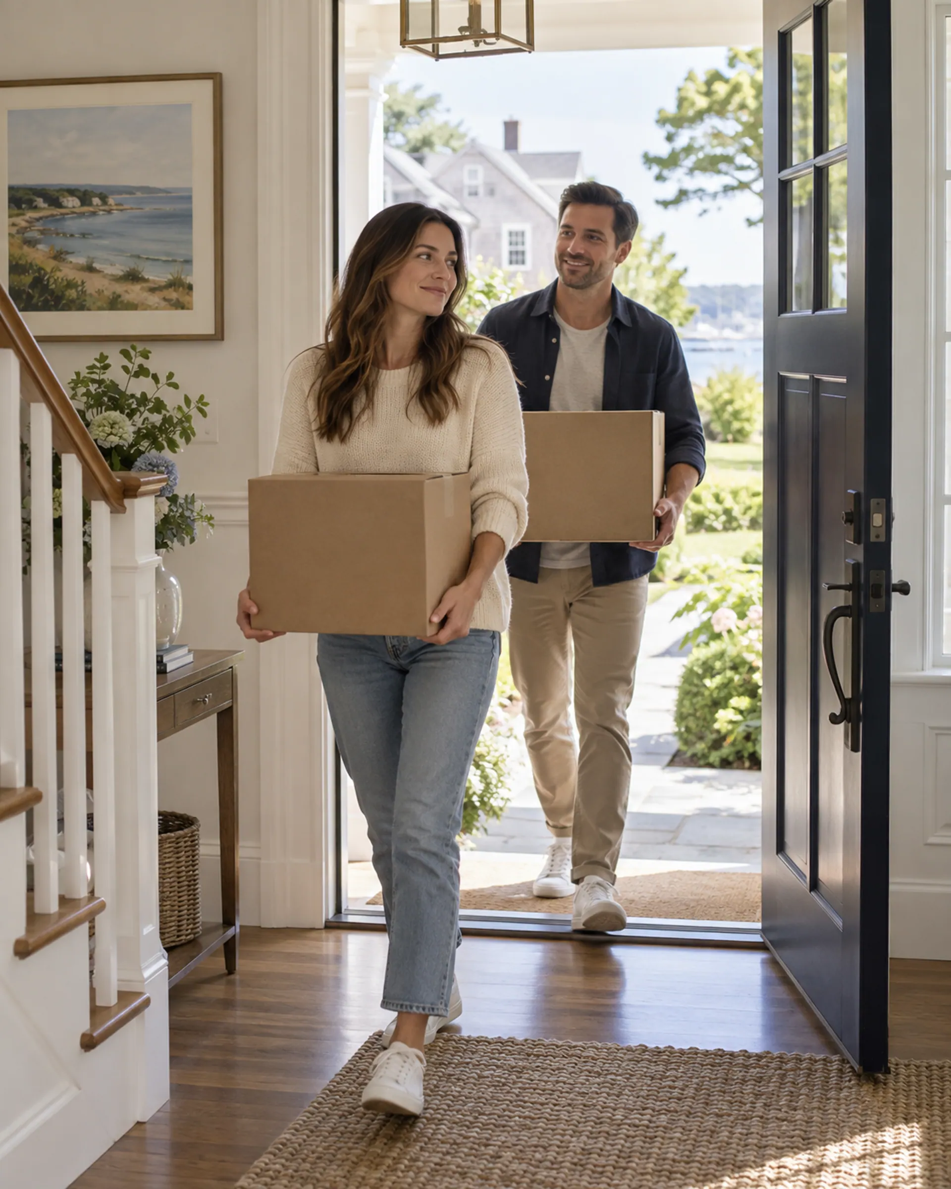 A couple bringing a moving box into a sunlit home