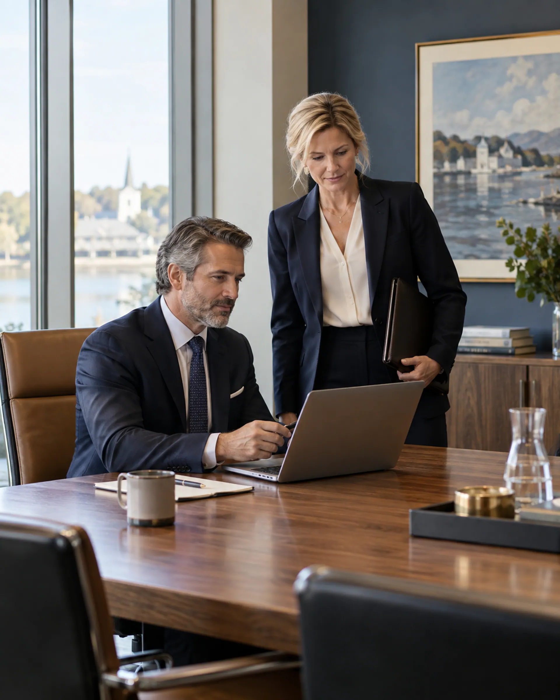Two professionals coordinating documents in a bright conference room
