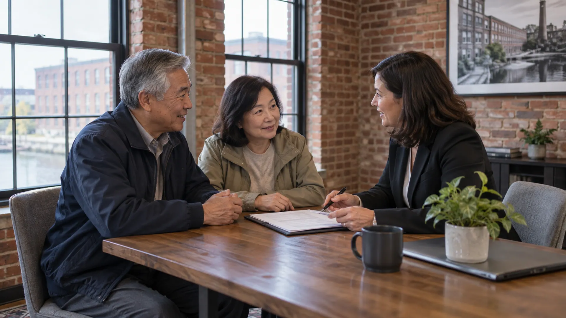 Cash buyers reviewing their settlement packet with a closing professional