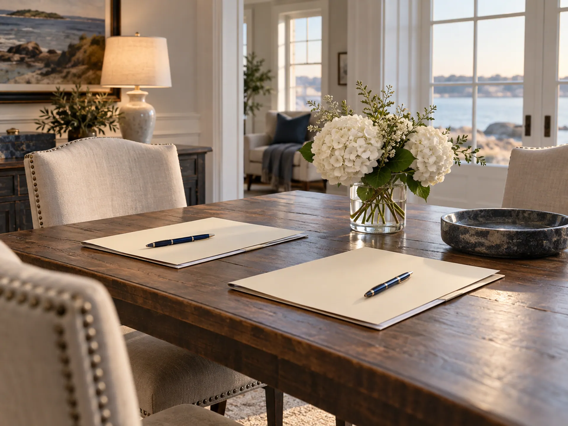 A quiet dining table prepared for signing with plain folders and two pens