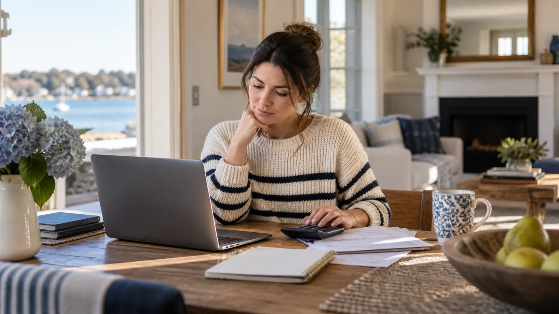 A calm homebuyer budgeting at a dining table with a laptop and calculator