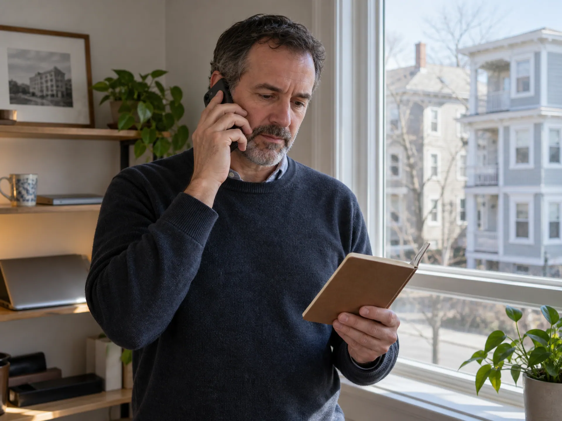 A buyer calling a prospective closing provider with questions in a notebook