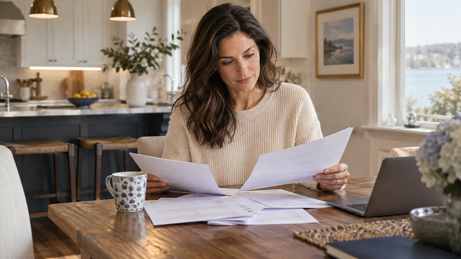 Adult homebuyer at a kitchen table carefully checking several unmarked loan pages