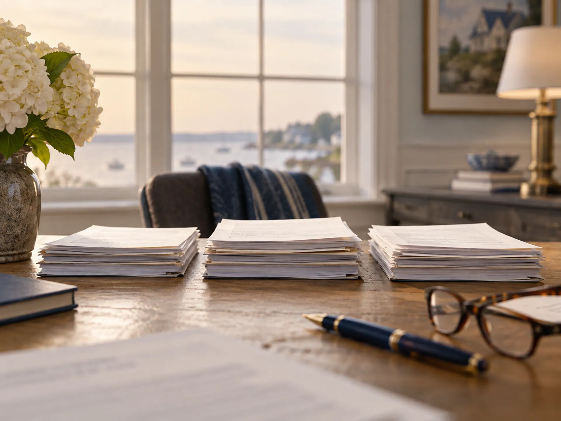 Close-up of three small paper stacks separated neatly with a pen and reading glasses