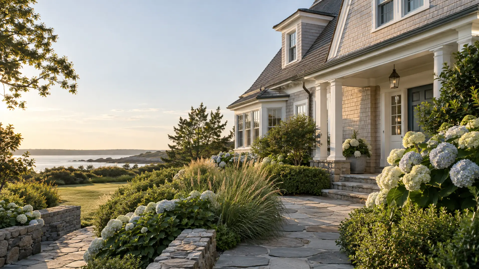 Illustrative coastal New England home with a stone path and hydrangeas