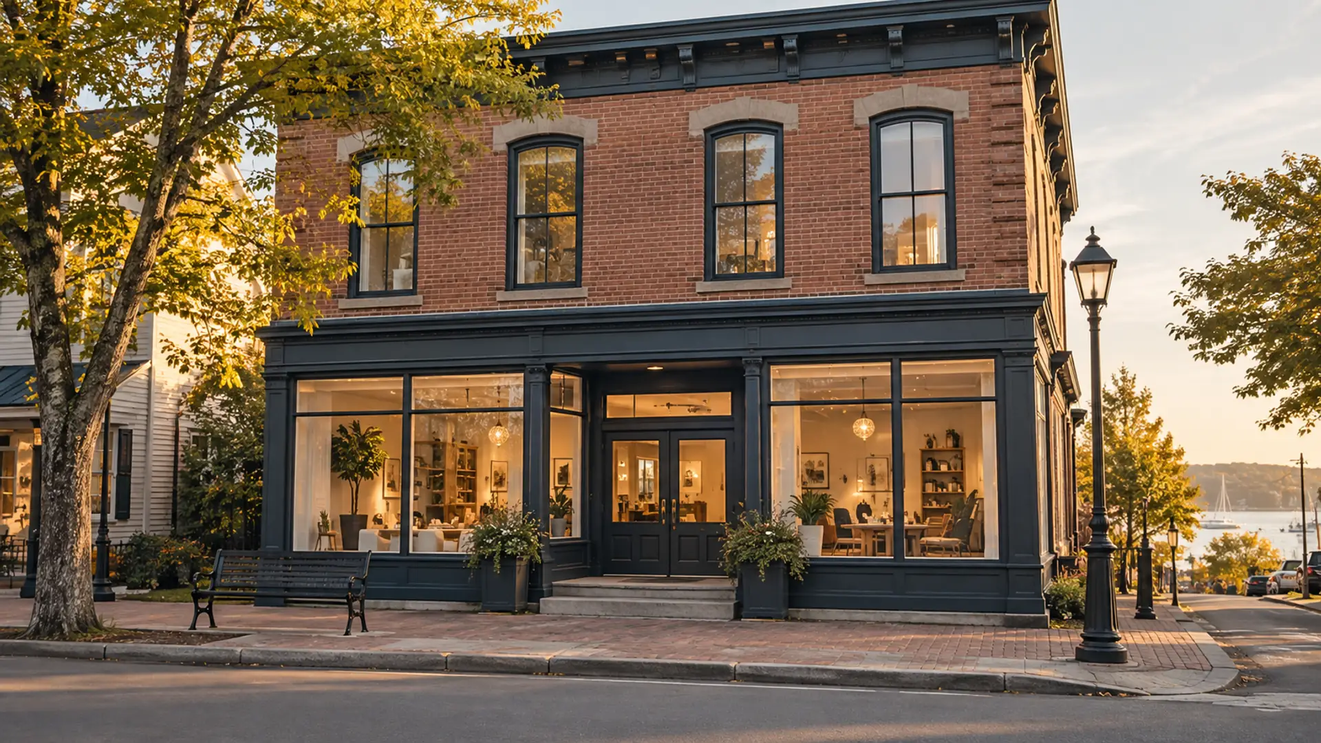 Fictional New England small commercial brick building with ground floor storefront windows