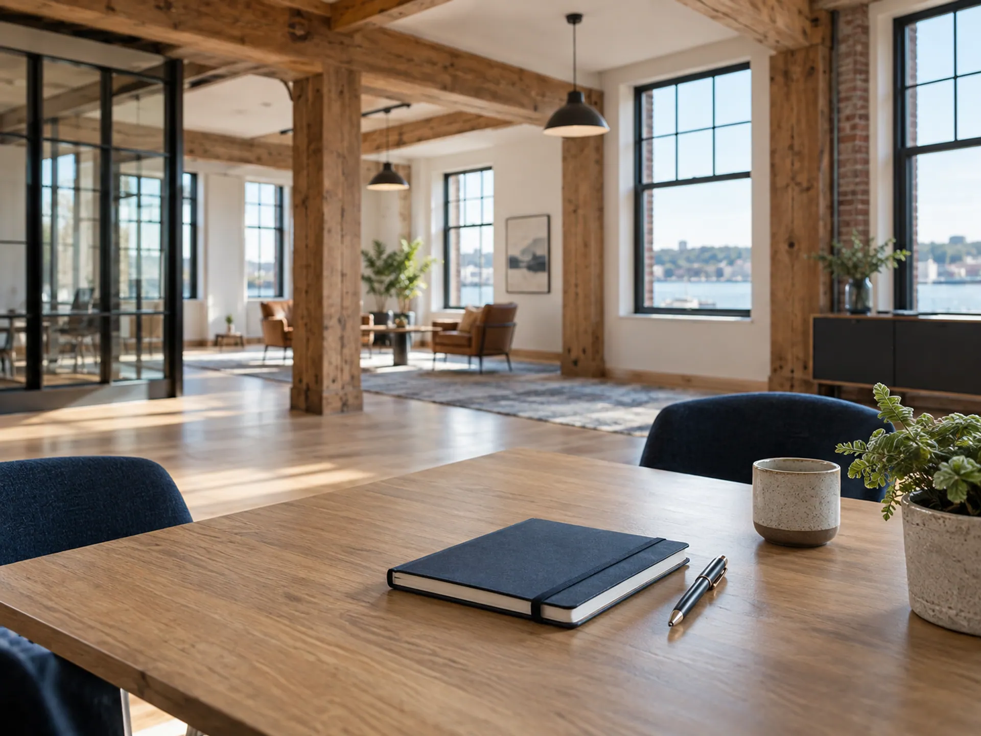 Empty renovated commercial interior with wood beams and clear windows