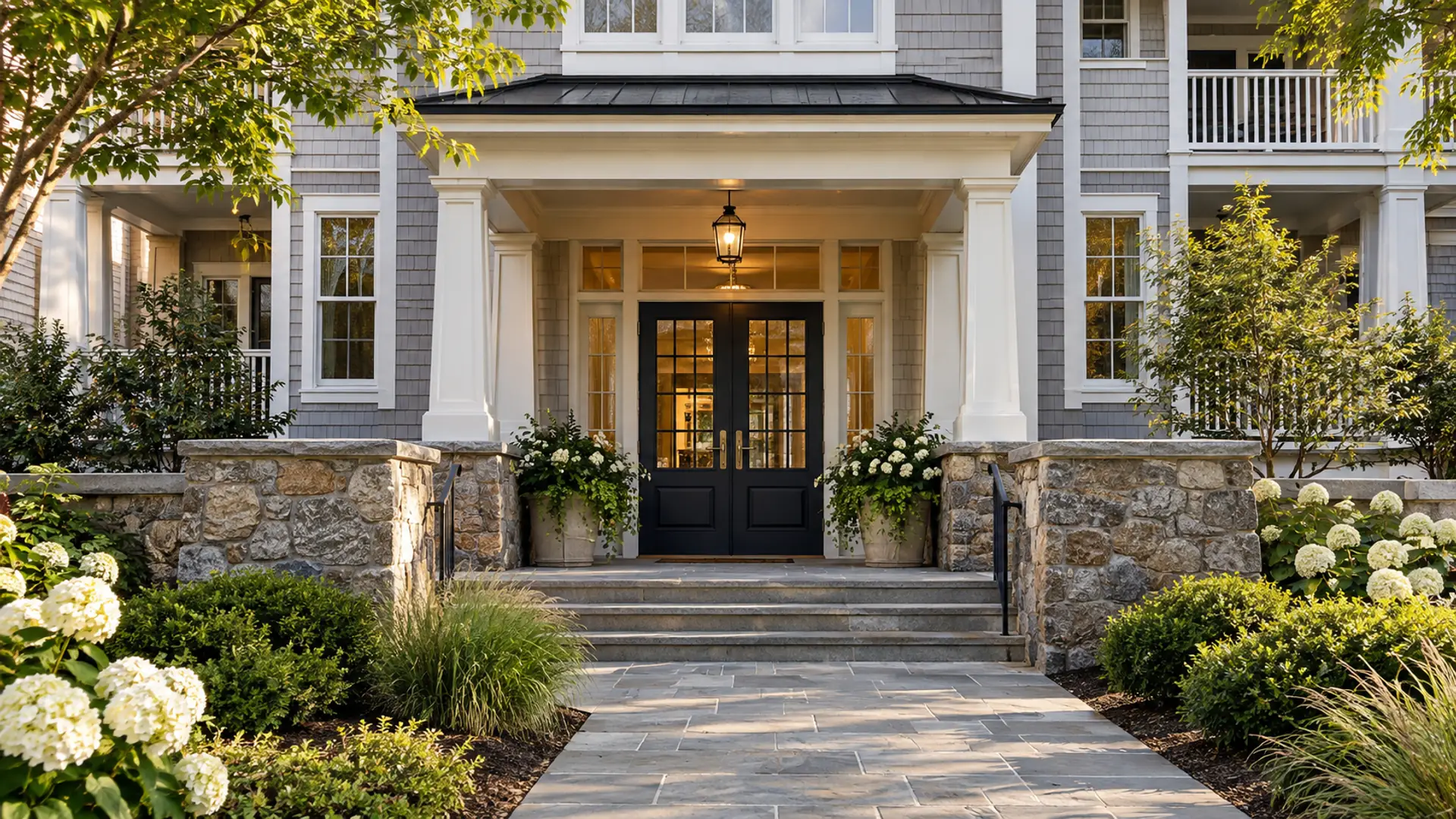 Elegant but realistic New England condominium building entrance with shared landscaping