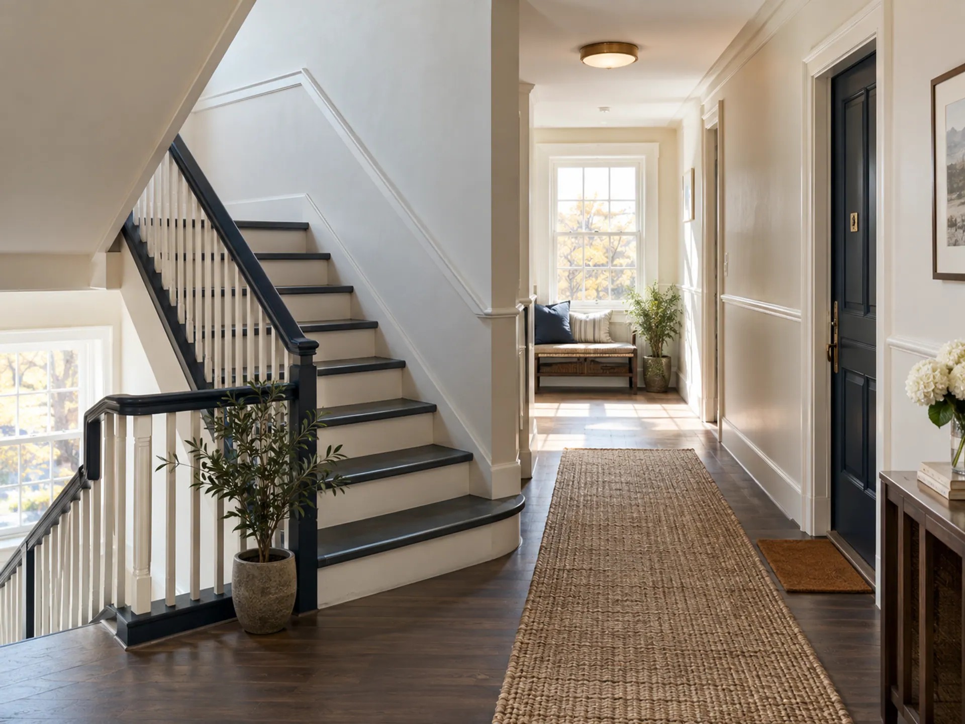 A clean shared condo stairwell and hall with neutral walls and natural daylight
