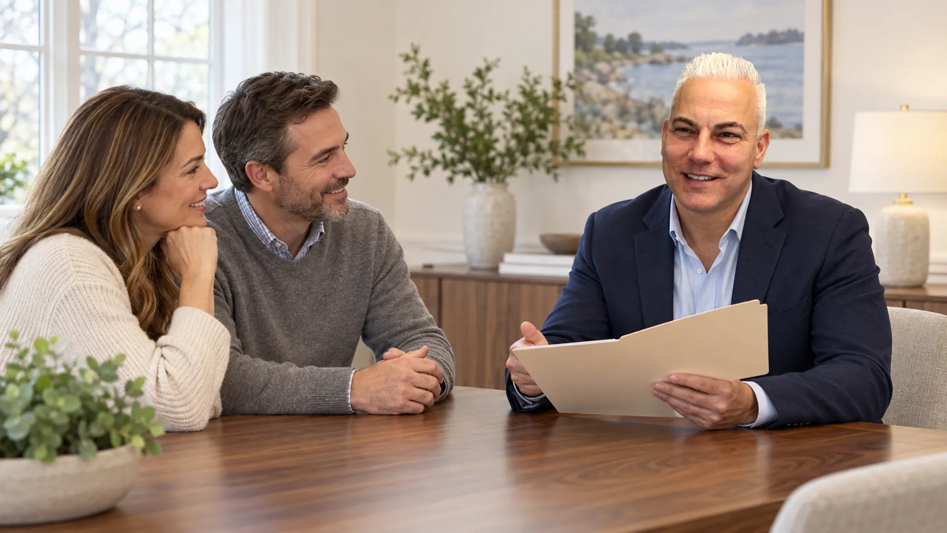 AI-generated illustration of Dan discussing closing documents with a fictional couple