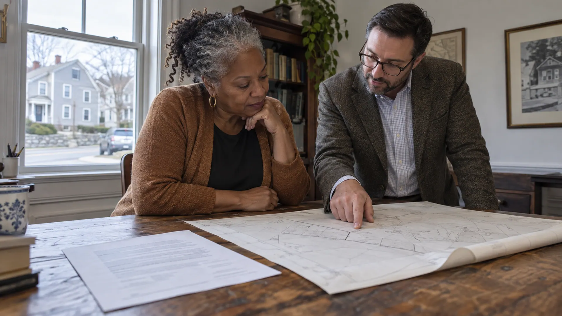 A homeowner and property professional connecting conveyance paperwork with a parcel plan