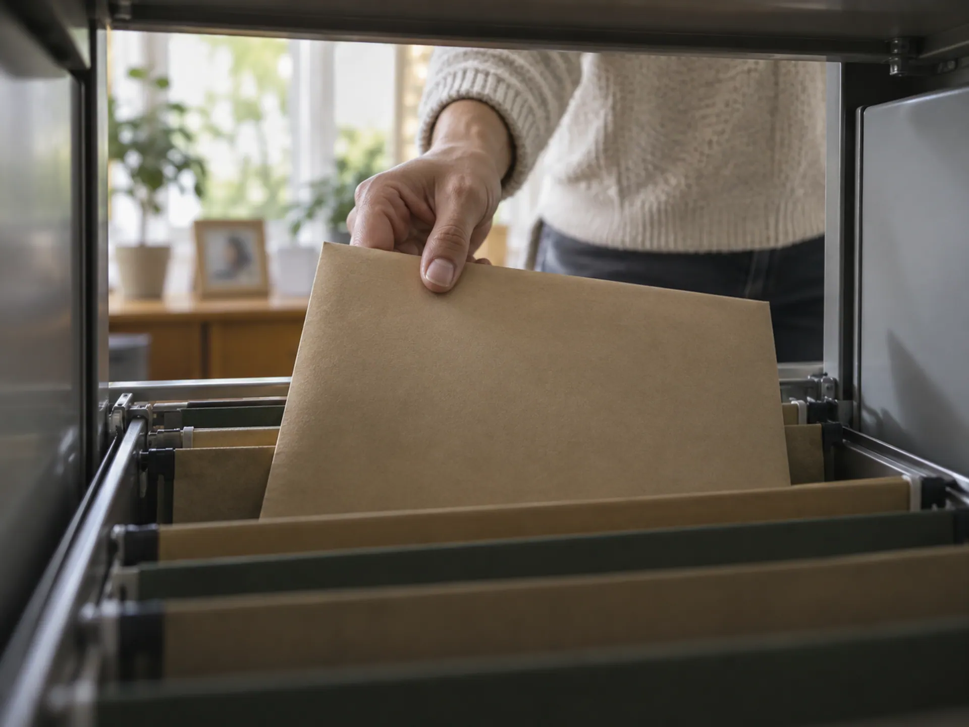 A recorded-property document wallet being stored in a home filing cabinet