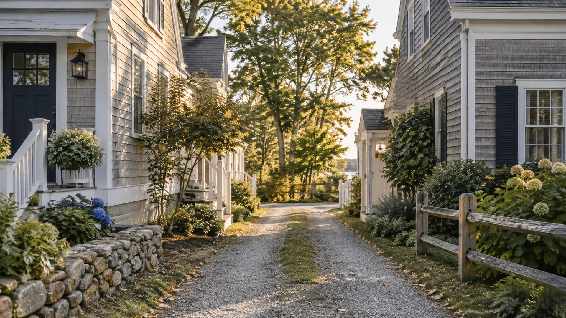A narrow shared gravel driveway passing between two New England properties and continuing toward trees
