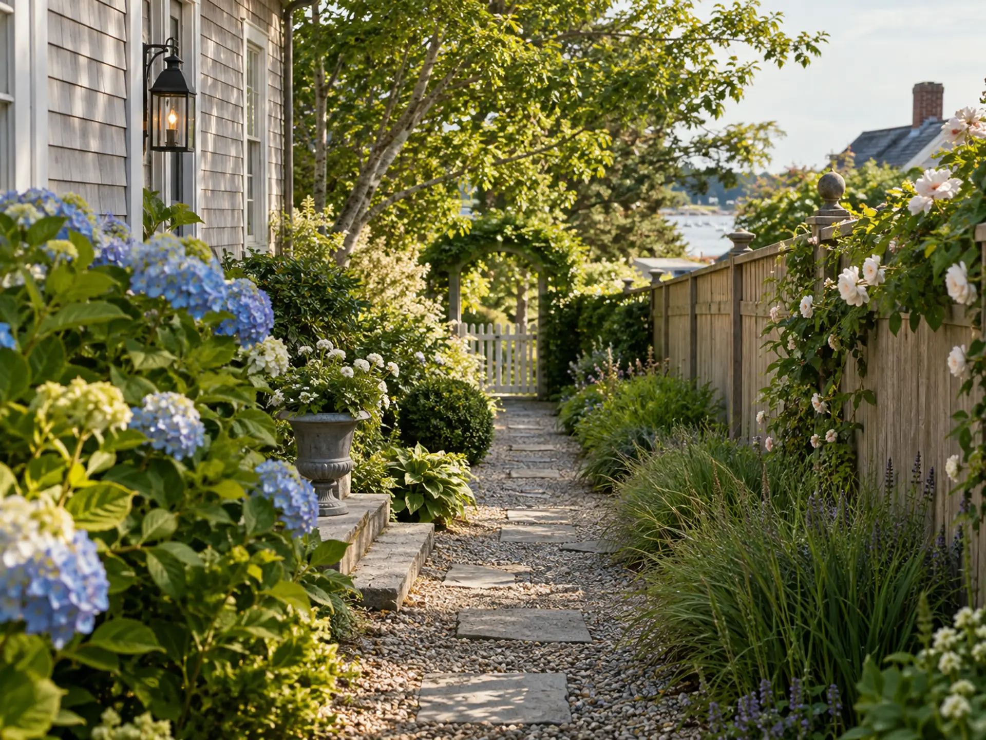A quiet garden with a clearly visible pedestrian access path alongside a boundary fence
