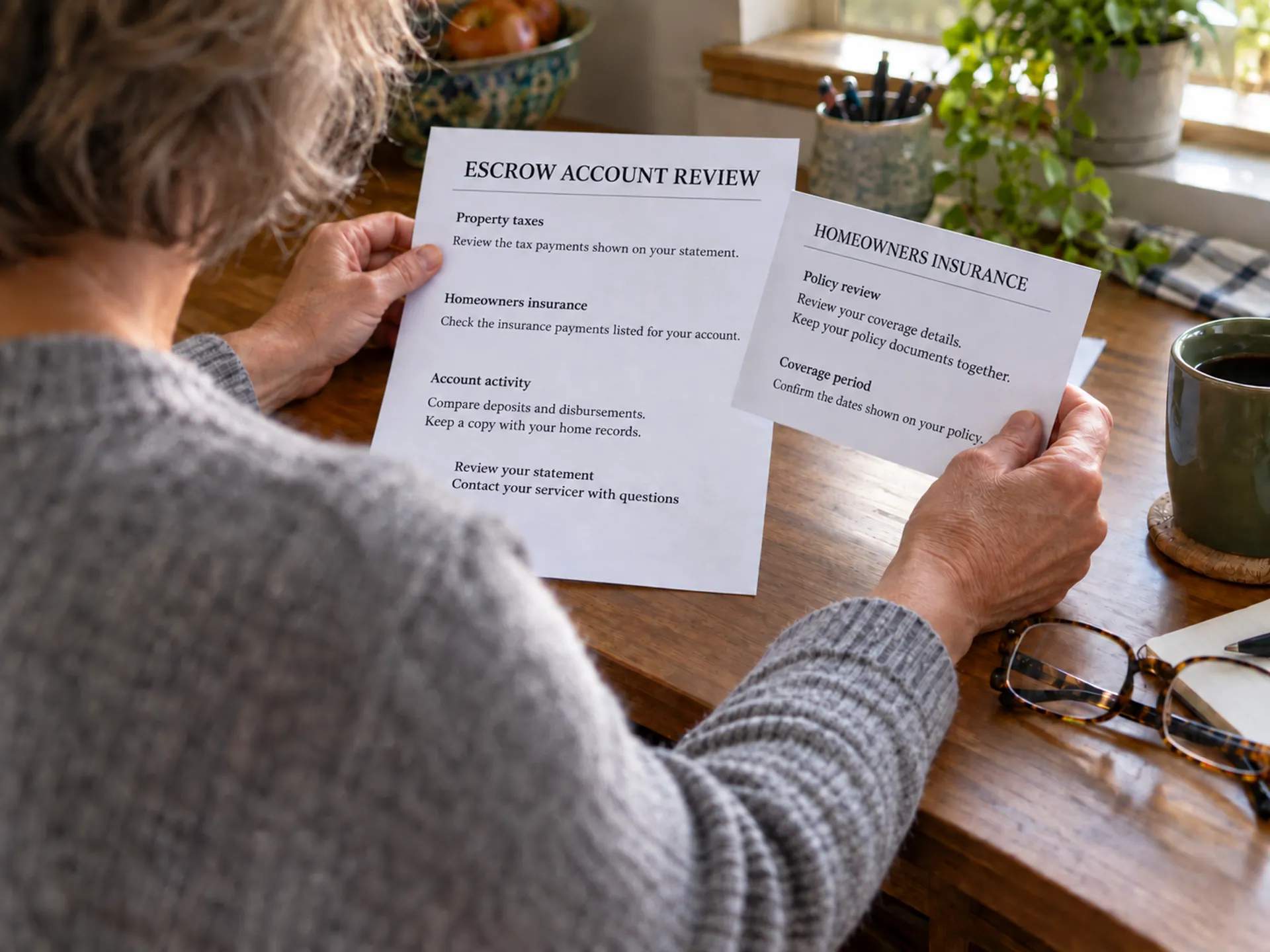 Homeowner reviewing an escrow account statement alongside homeowners insurance paperwork