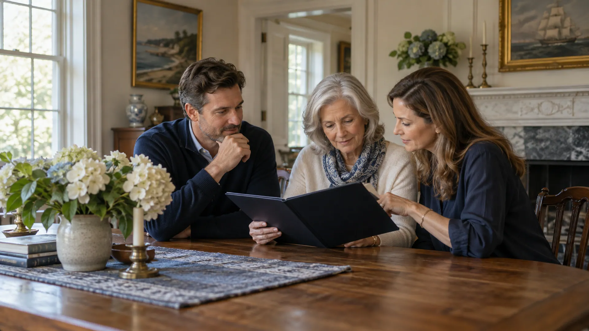 Adult family members reviewing a closed folder together at an older home's dining table