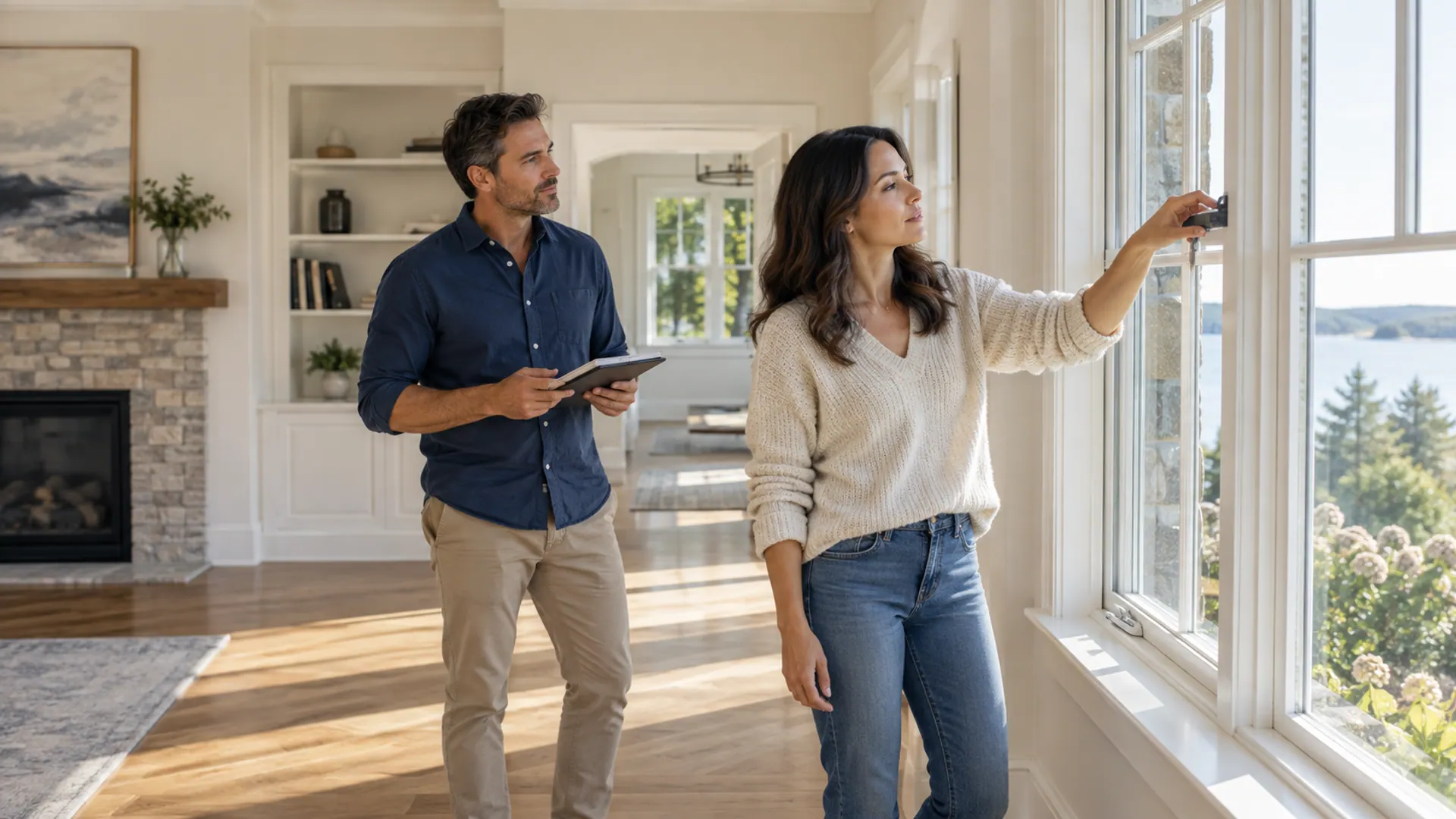 Adult couple inspecting an empty bright living room before move-in