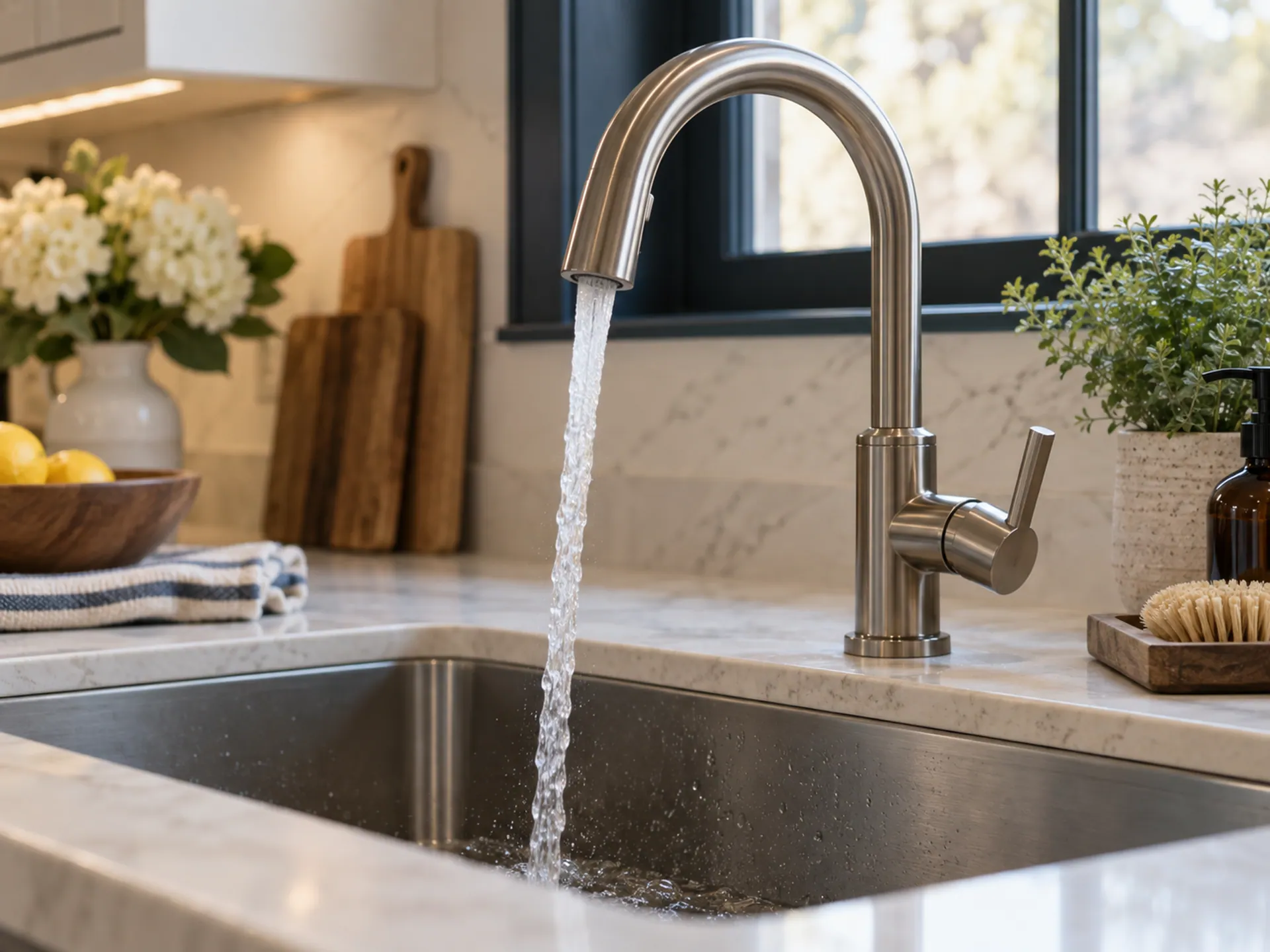 Closeup of a faucet being tested in a clean neutral kitchen with water running