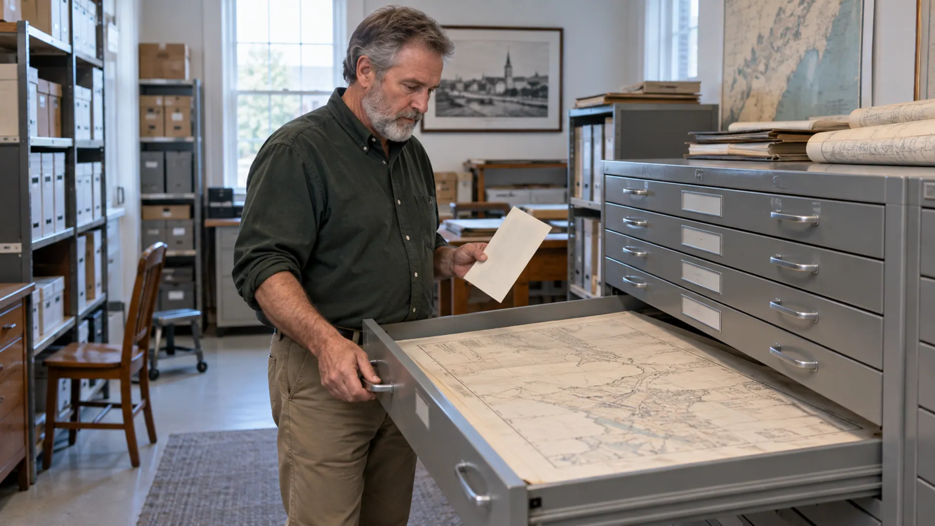 An archival researcher retrieving a property record from a municipal flat-file cabinet