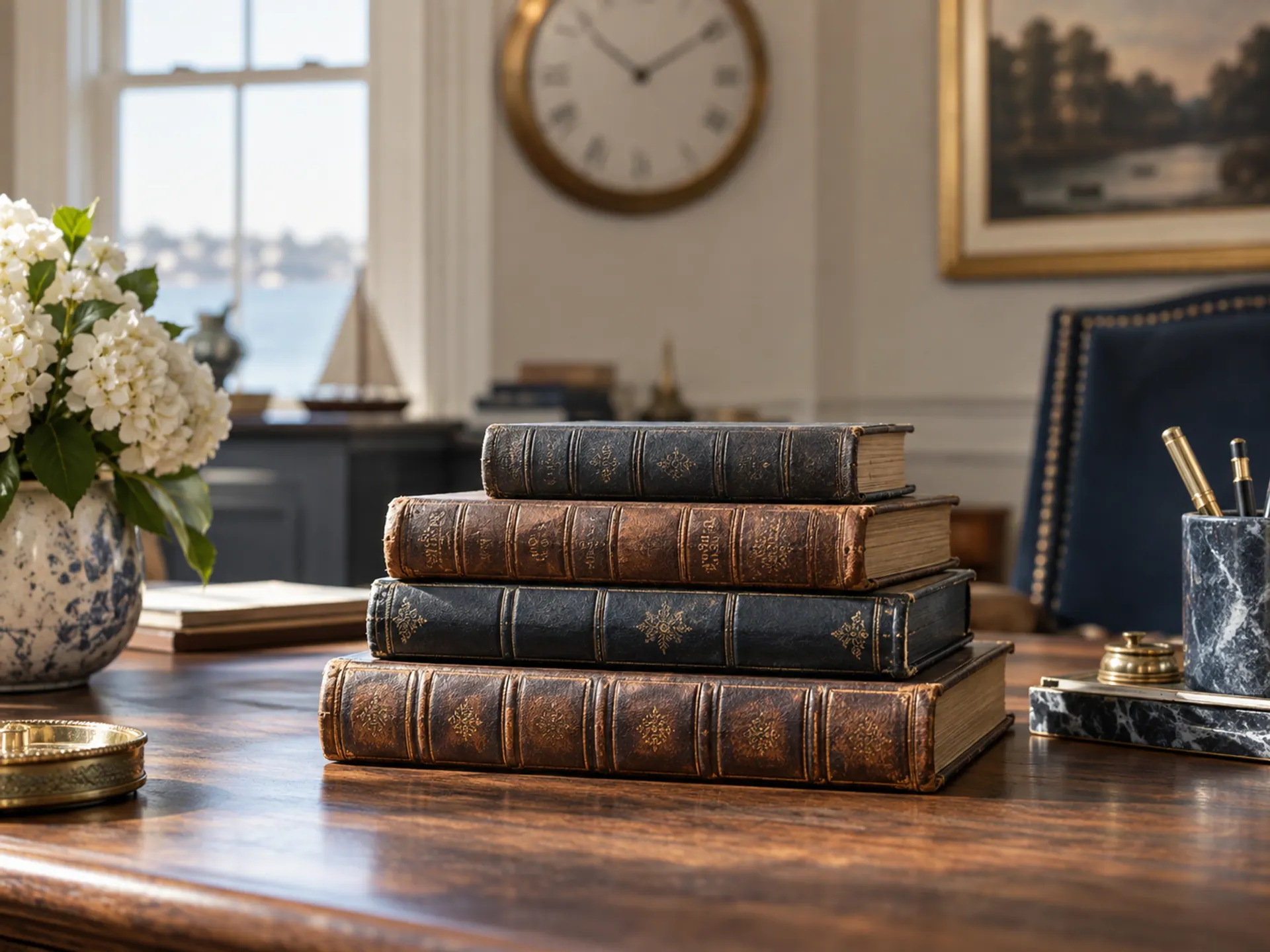 A simple wall clock out of focus behind an organized stack of old leather-bound books