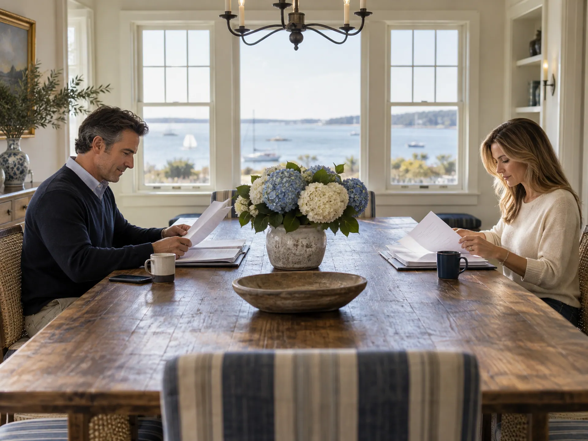 Adult buyer and seller each checking separate plain document packets at opposite ends of a long table