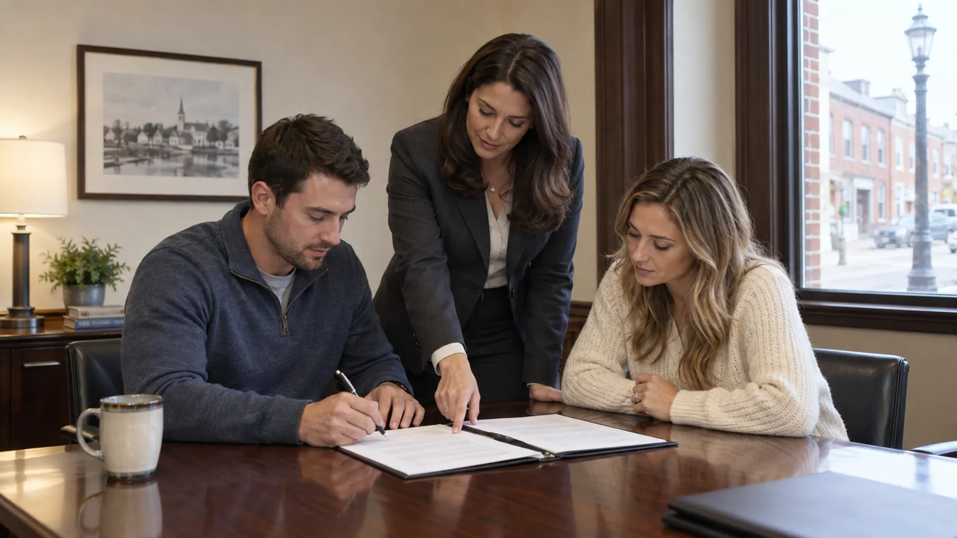 Buyers reviewing their signing documents with a closing professional in Massachusetts