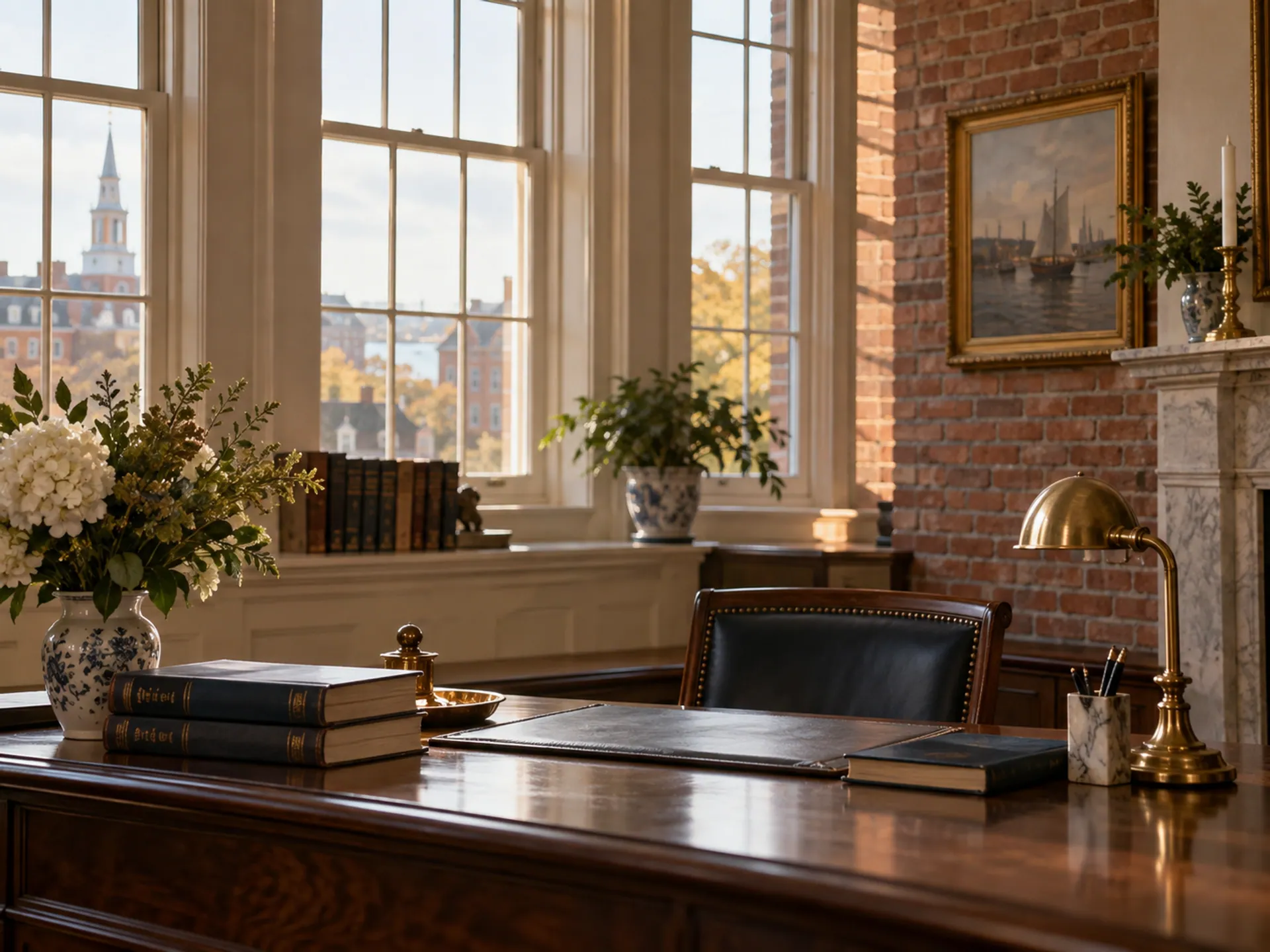 A historic Massachusetts-style registry reading desk beneath tall windows