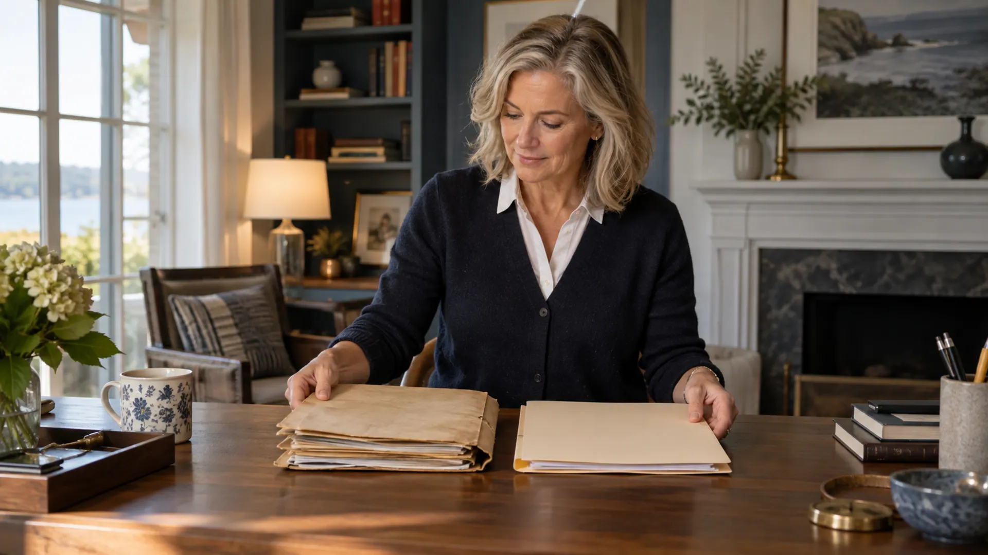 Homeowner arranging an old plain folder and a new plain folder side by side in a study