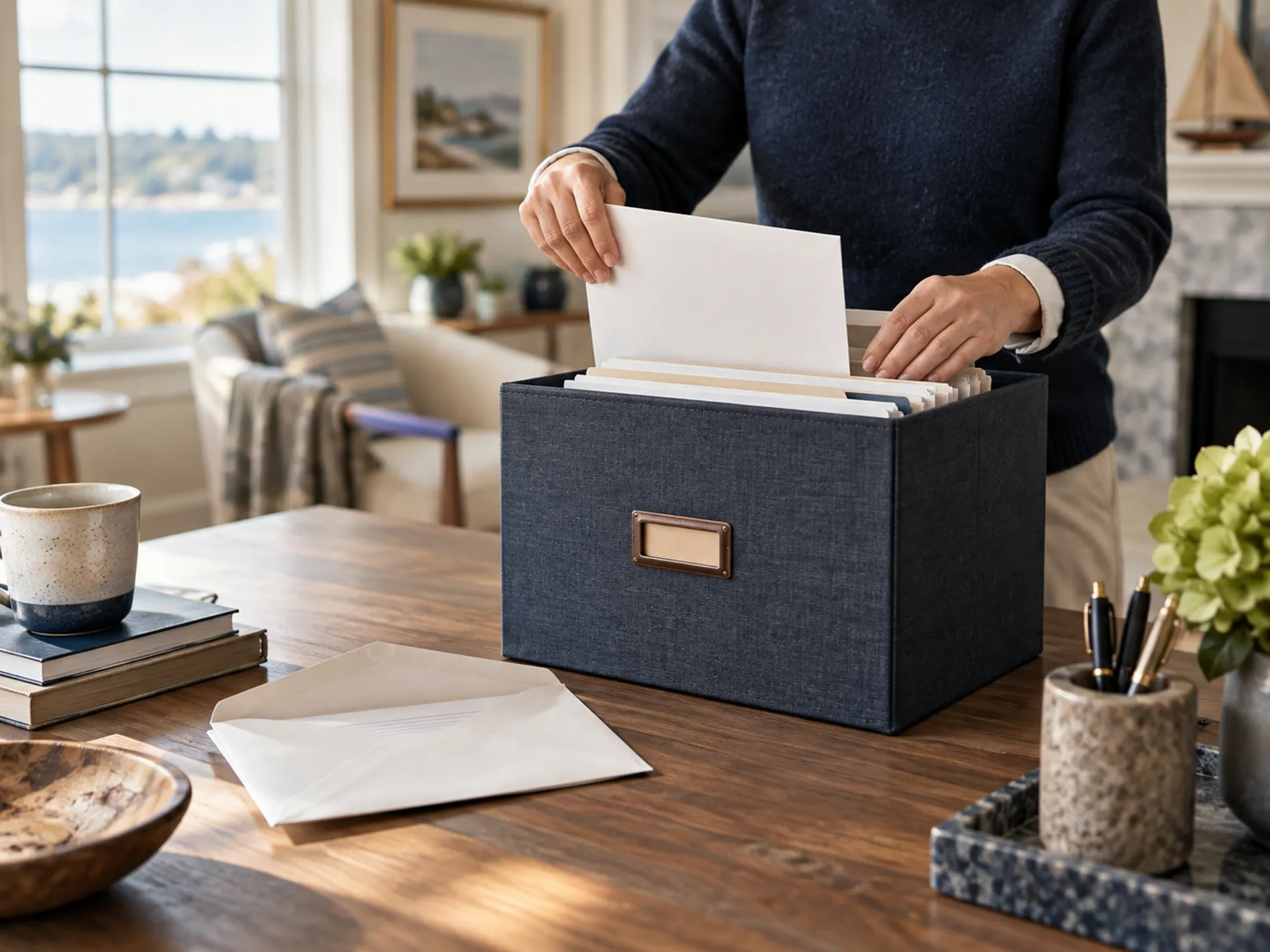 An opened plain envelope and unmarked papers carefully filed into an orderly document box