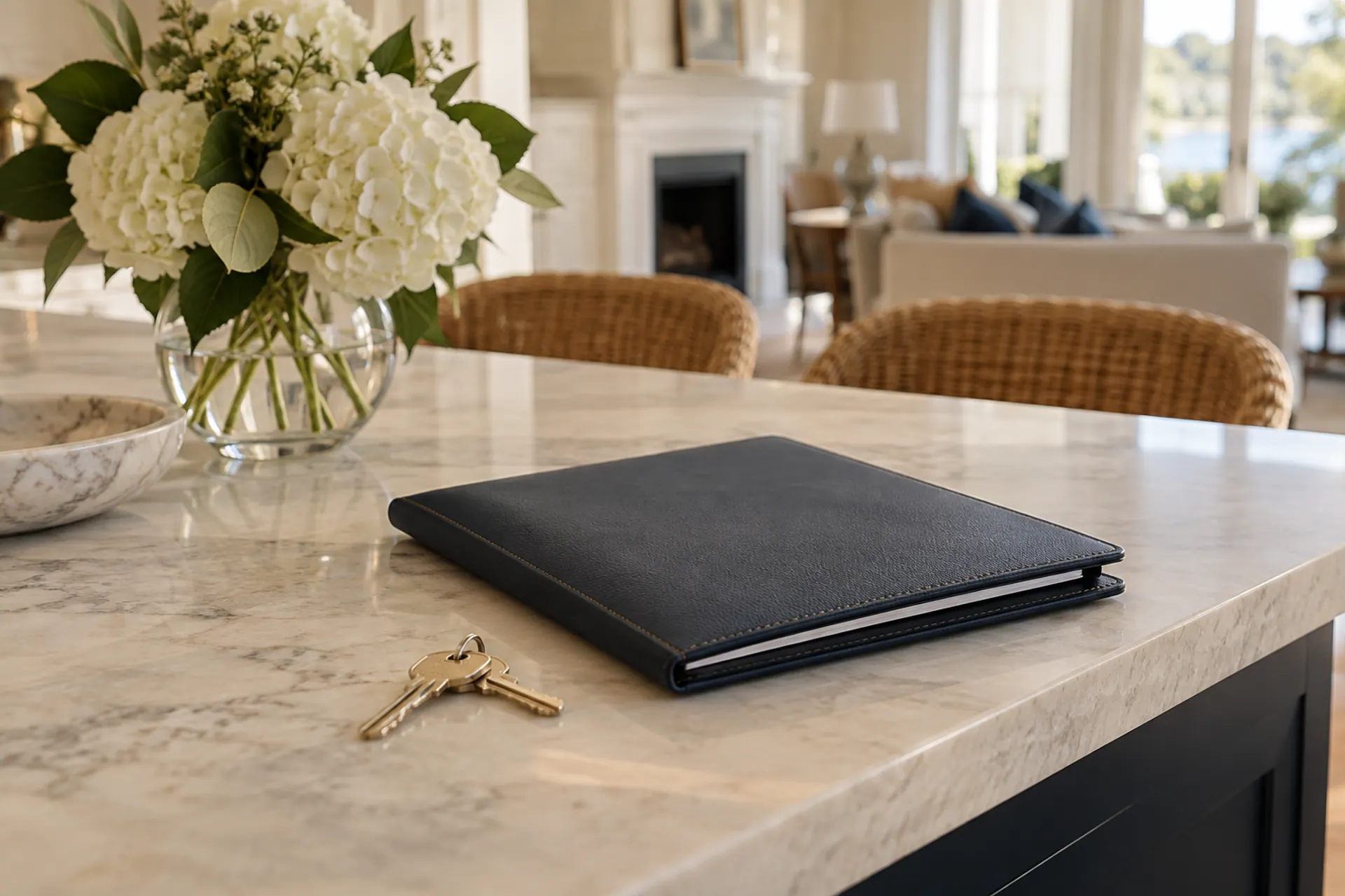 House keys and a navy document folder on a stone kitchen island