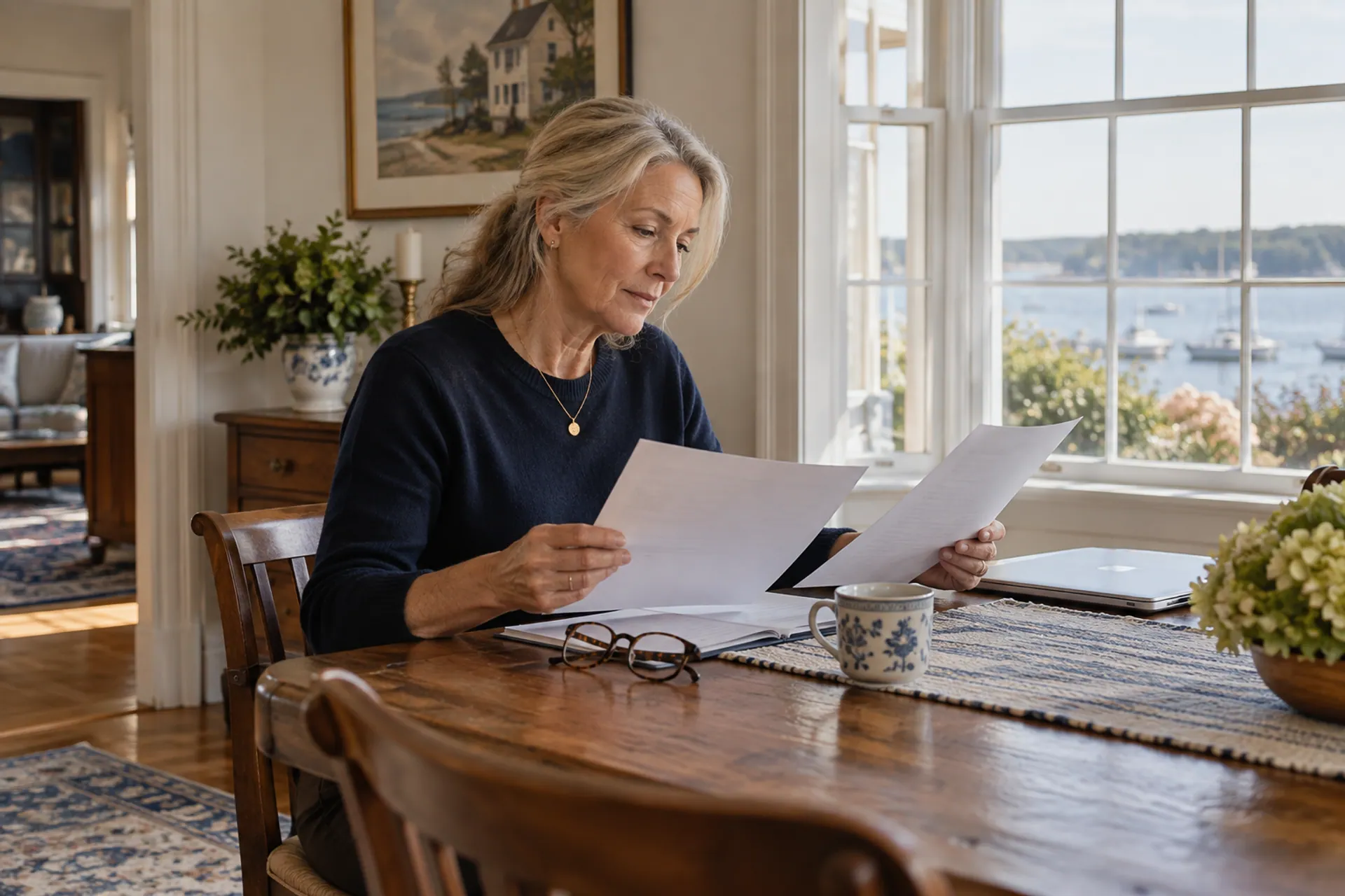A homeowner comparing documents beside a bright bay window
