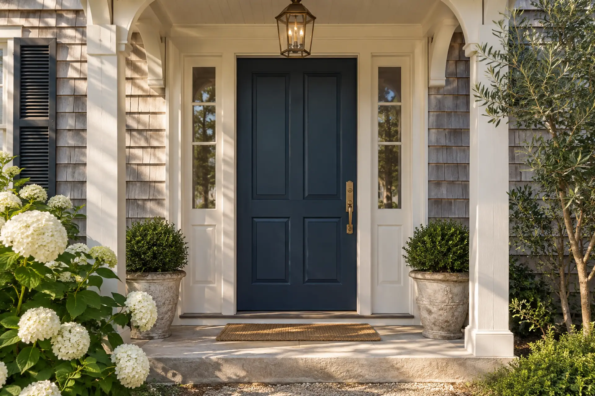 A sheltered navy front door with brass hardware and white hydrangeas