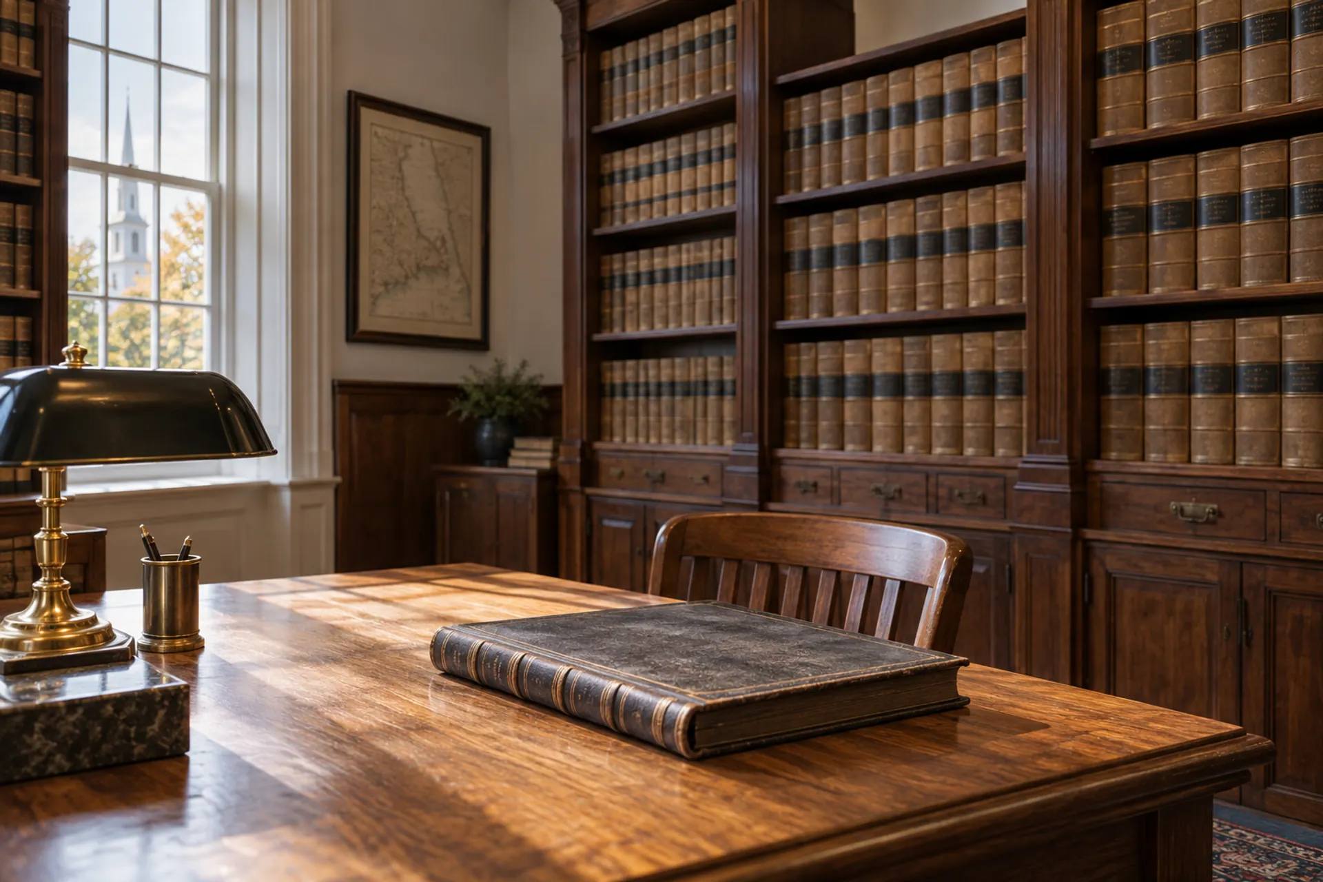 A sunlit records room with wood shelves and bound property ledgers