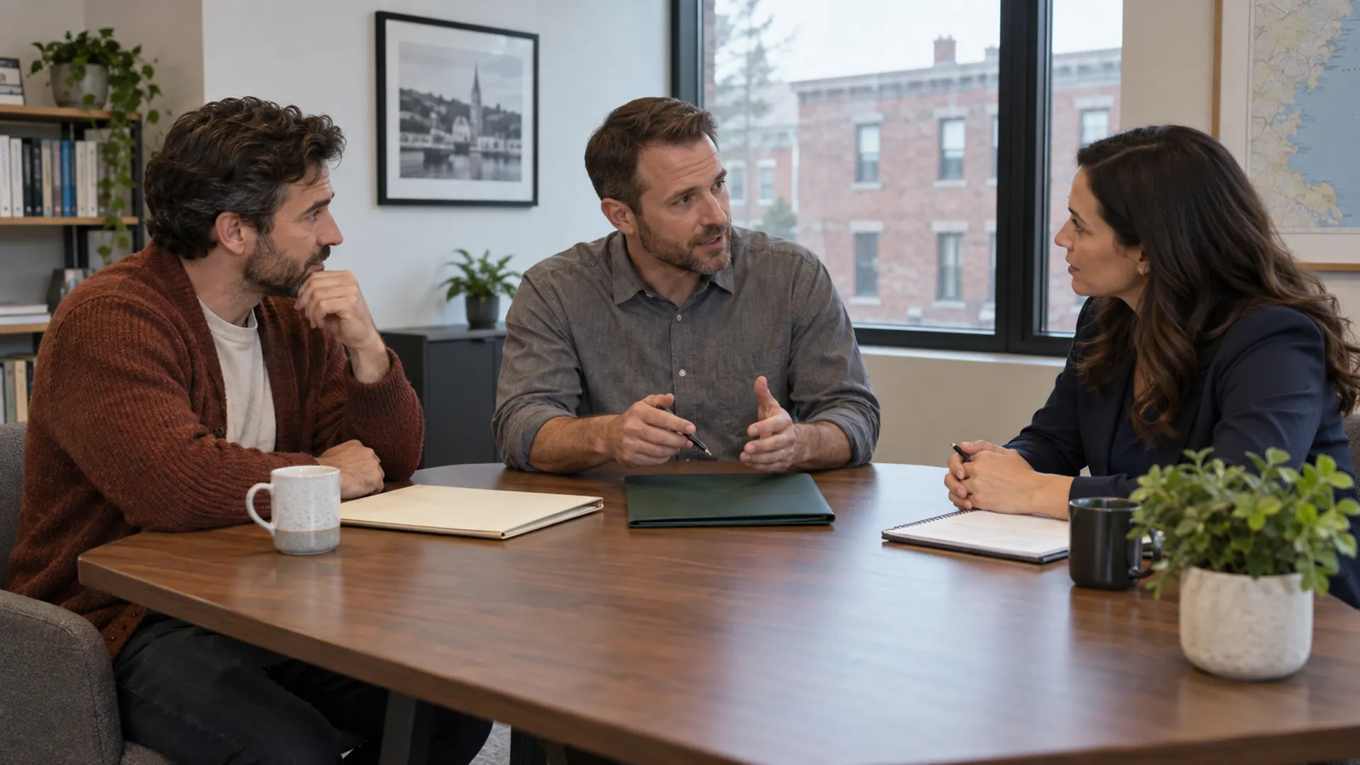 A homeowner, lender and title professional discussing their separate interests in a purchase