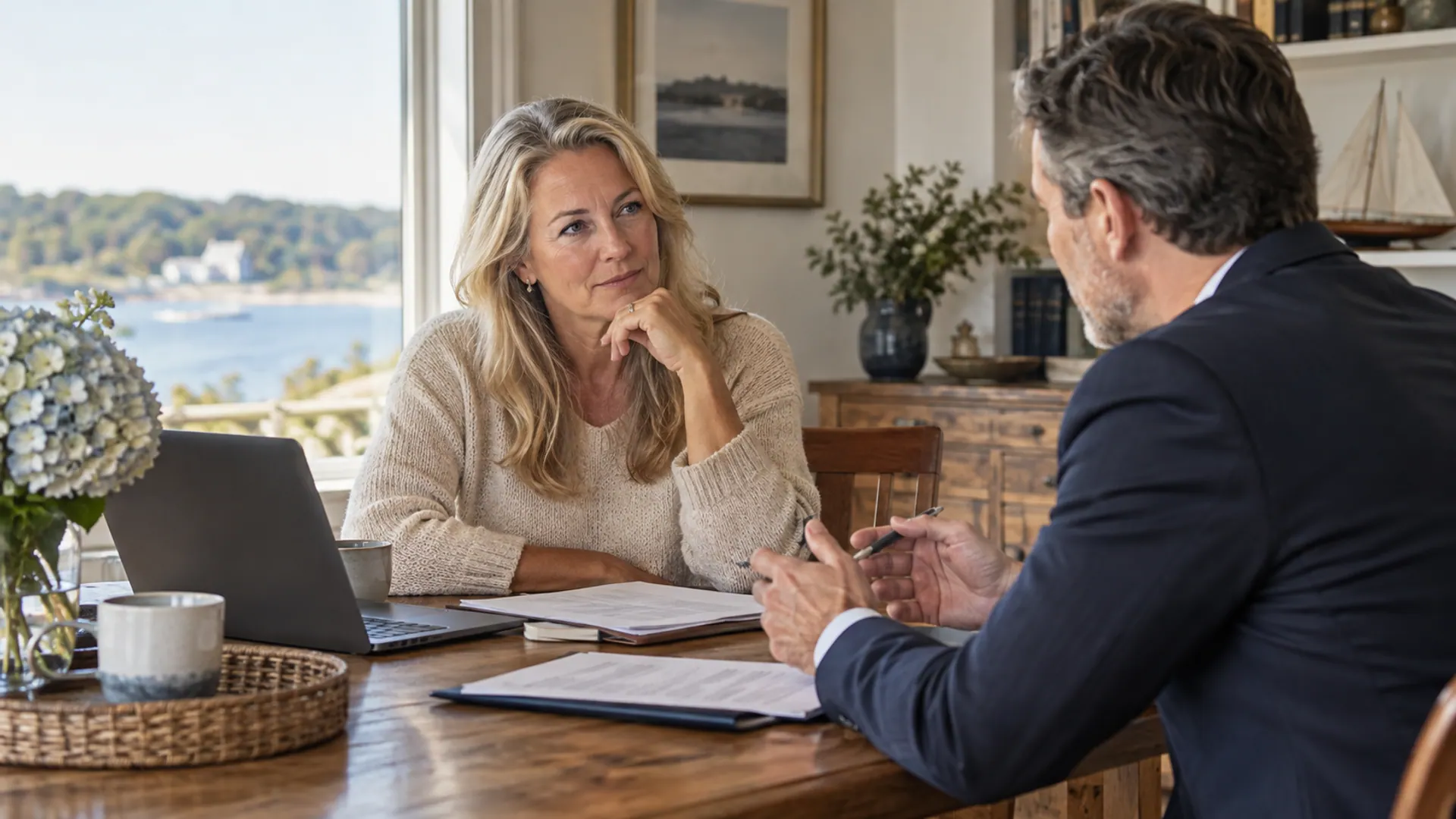 Adult seller talking thoughtfully with a professional across an oak table