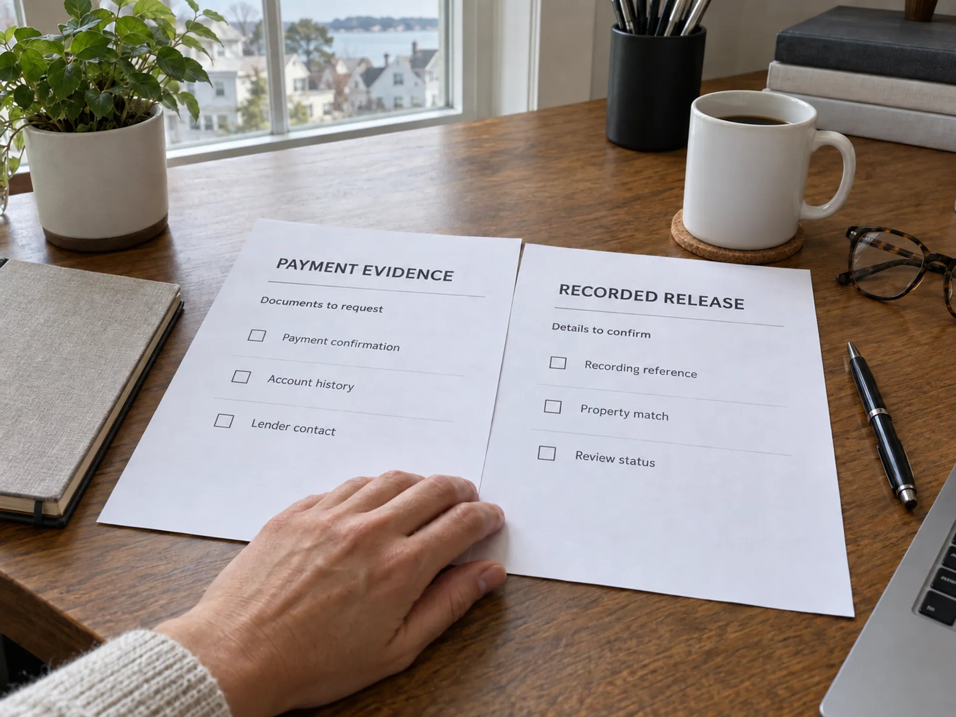 Hand comparing payment-evidence and recorded-release review sheets on an office desk