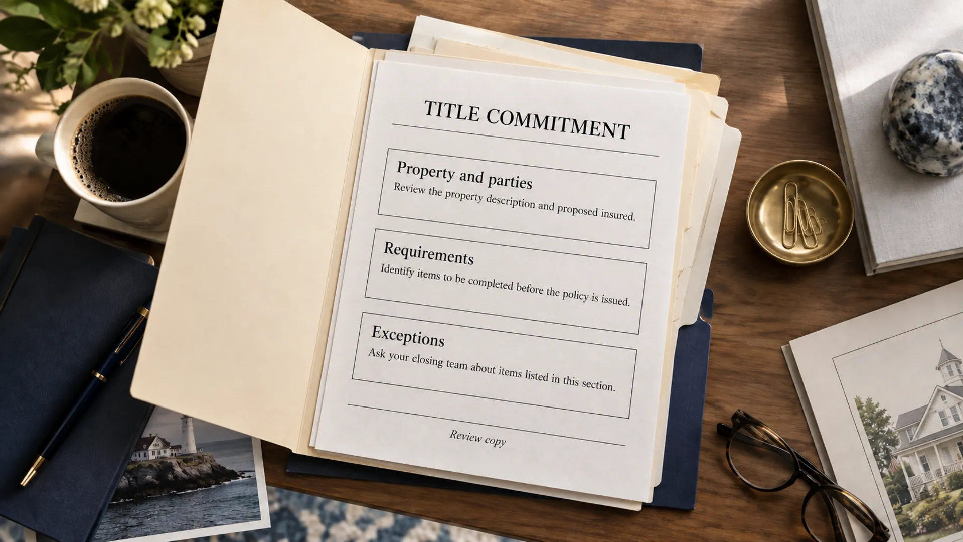 Printed title-commitment review sheet outlining property details, requirements and exceptions on a desk