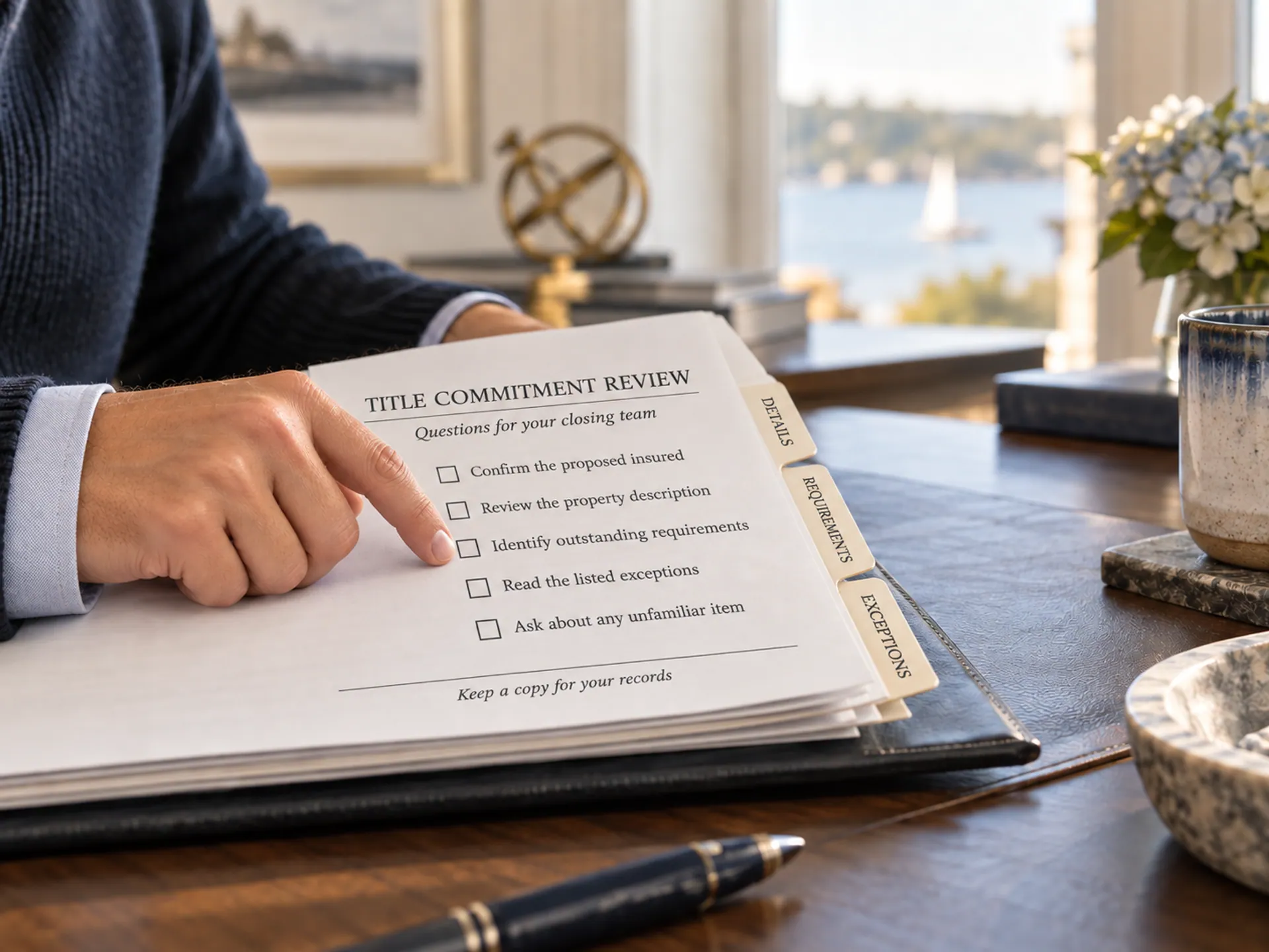 Hand indicating a printed title-commitment review checklist with labeled document tabs