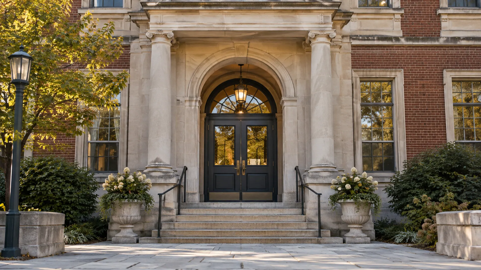 A New England municipal hall entrance in restrained stone and red brick