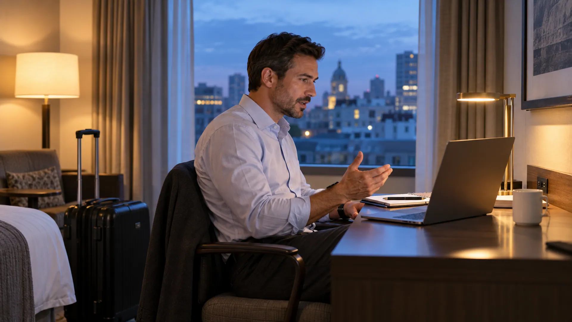 A traveler confirming remote-closing arrangements from a hotel desk