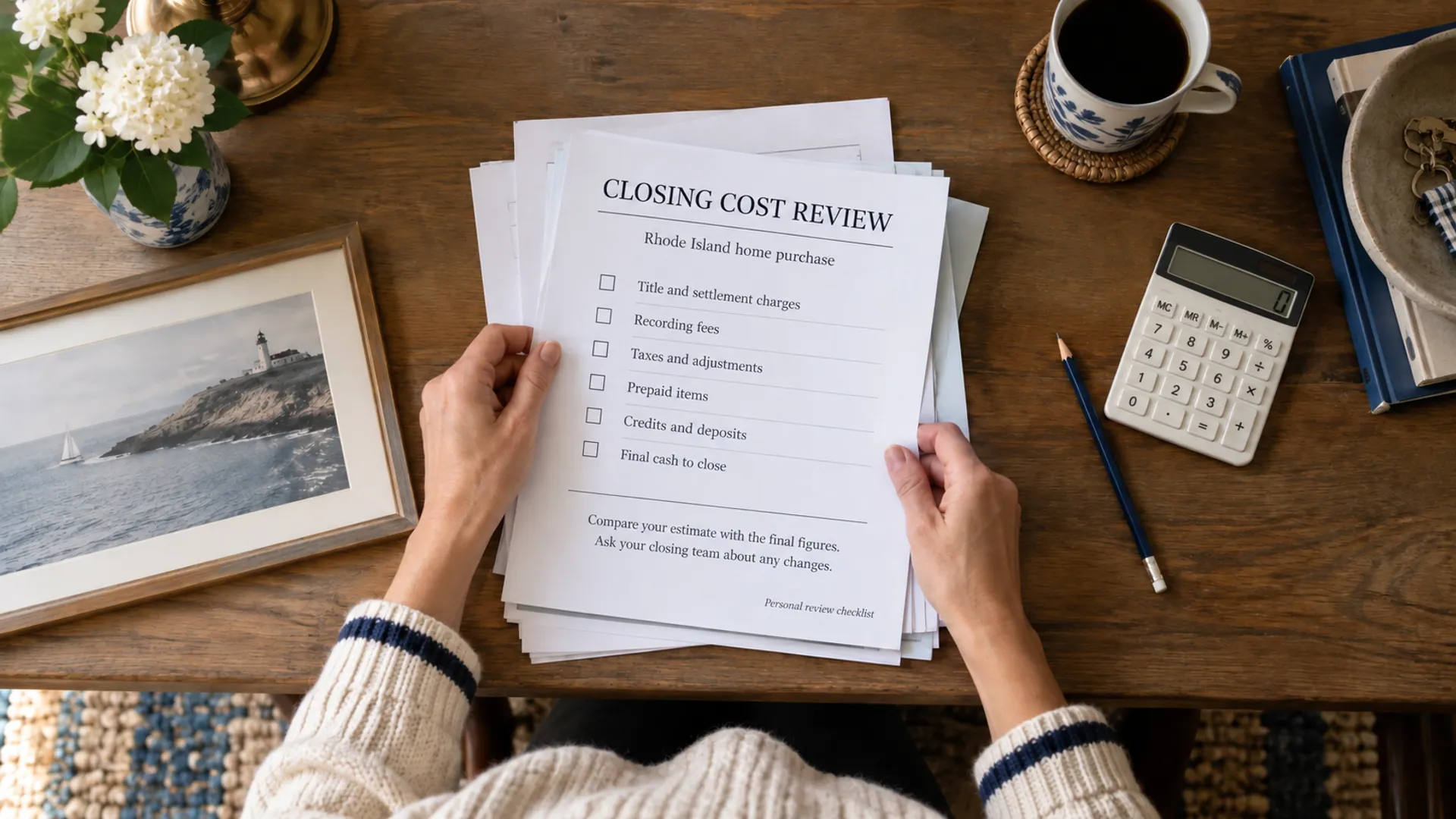 Buyer holding a printed Rhode Island closing-cost review checklist beside a calculator