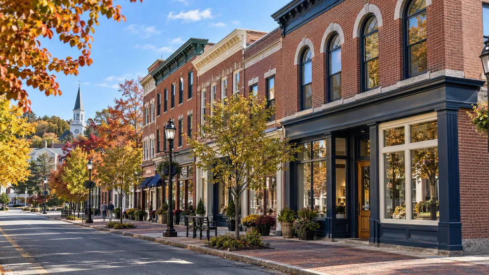 Illustrative Attleboro-inspired downtown block with brick shopfronts and planted sidewalks