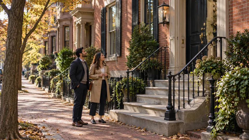 Two people looking toward the stone steps and entrance of a red-brick townhouse