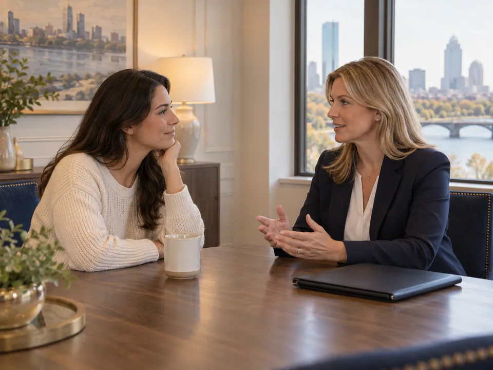 Two women discussing a closing plan at a table beside a window