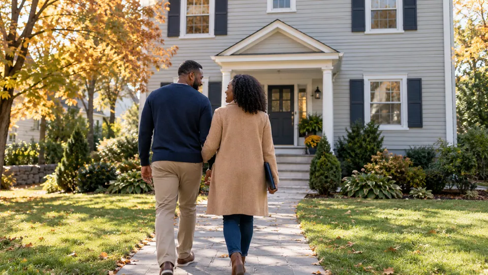 A couple walking toward a gray clapboard house along a garden path