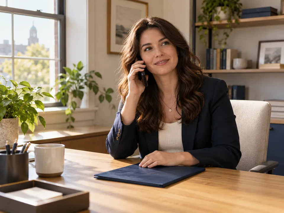 A woman listening on a phone at a sunlit desk with a closed navy folder