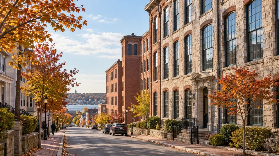 Illustrative Fall River-inspired street with granite and brick mill architecture
