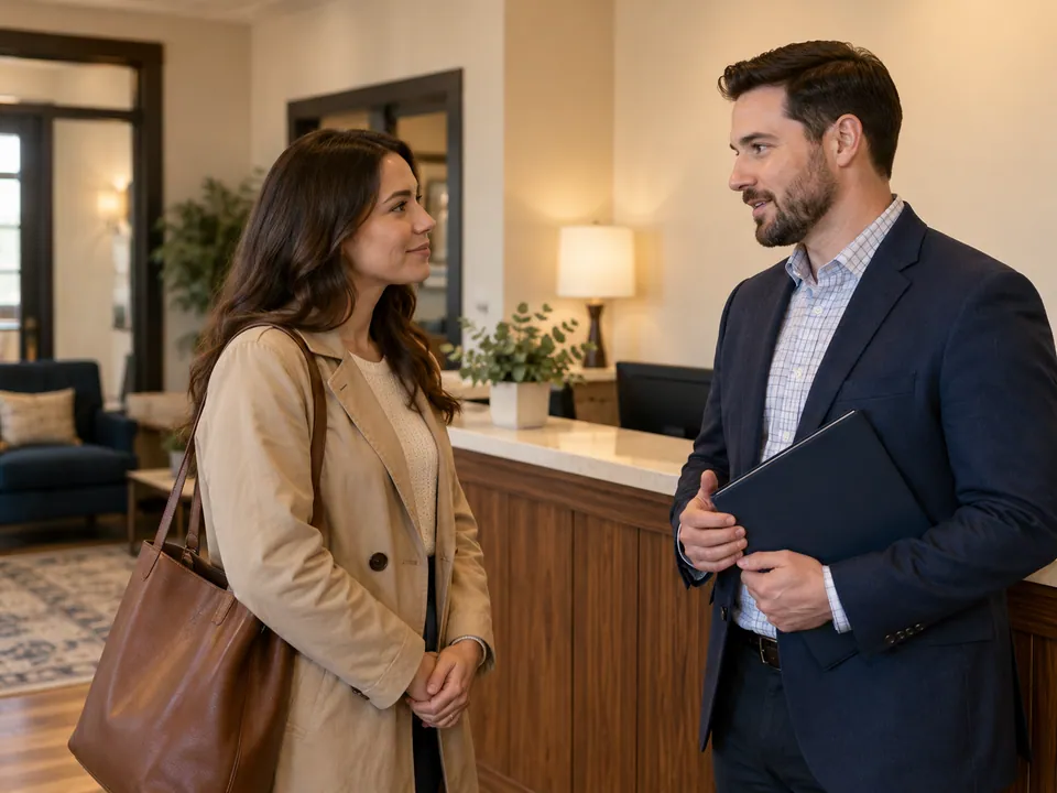 Two adults discussing an appointment in an illustrative reception area