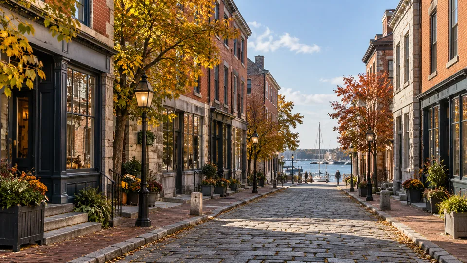 Illustrative New Bedford-inspired port street with historic buildings and a harbor view